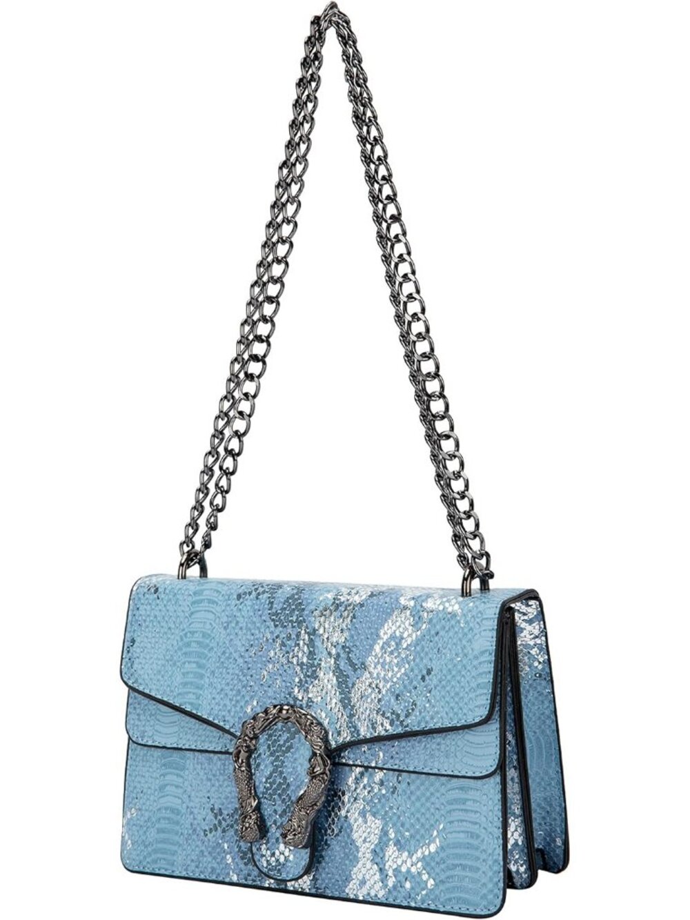 Women's C Blue Leather Snake Print Vintage Purse Chain Crossbody Bag